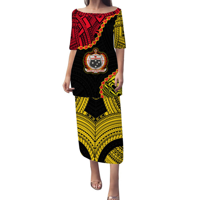 Long off-shoulder dress, black with red and yellow Polynesian pattern, elbow sleeves