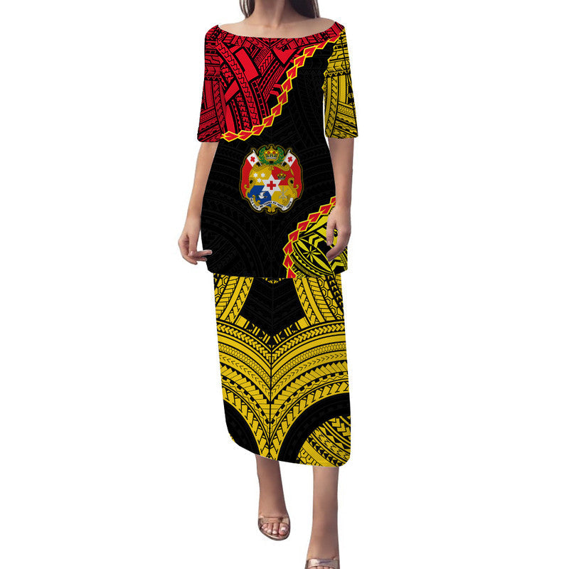 Long off-shoulder dress, black with red and yellow tribal pattern