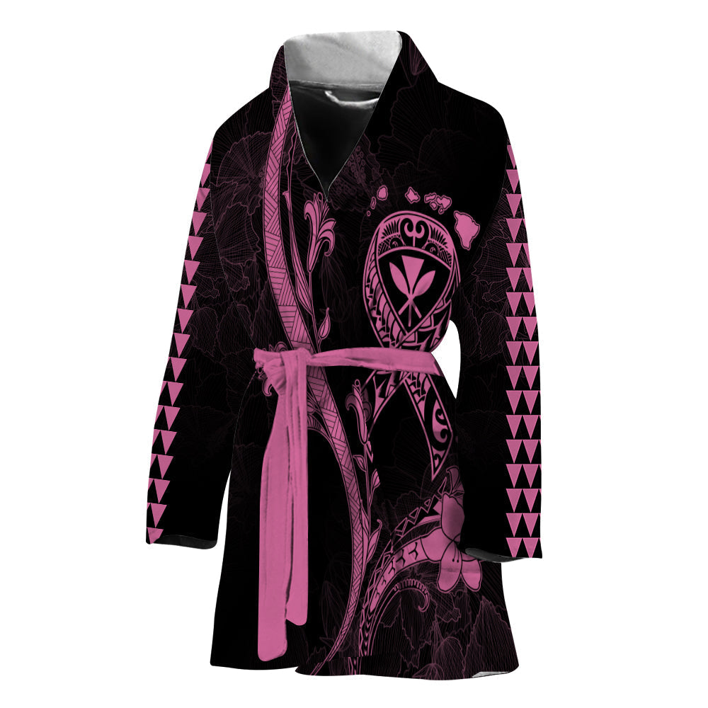 Black women’s bathrobe with pink hibiscus floral pattern and waist belt