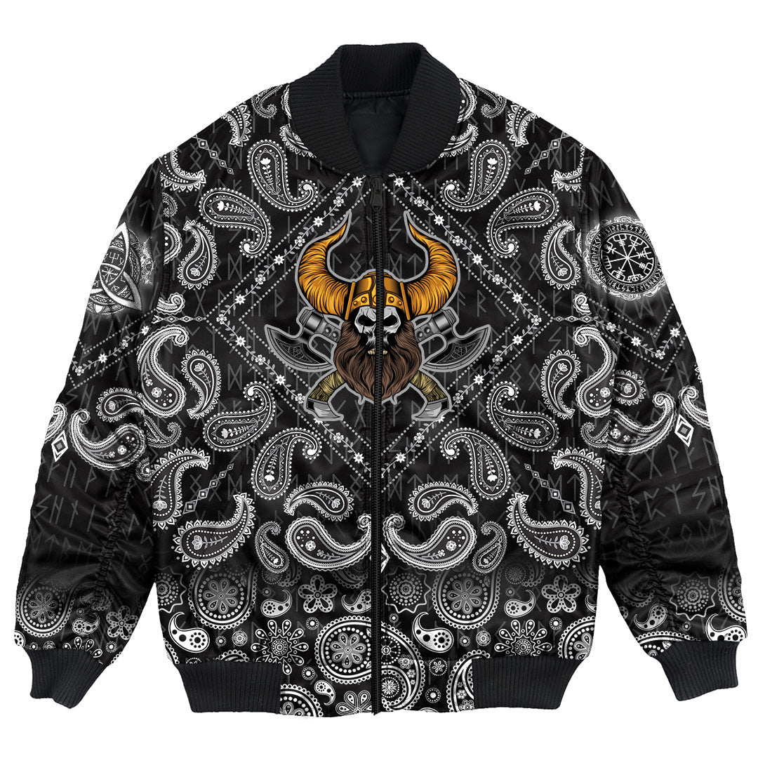 Viking Bomber Jacket Beard Skull Cross Axes with Bandana Paisley Style RLT12 - Wonder Print Shop