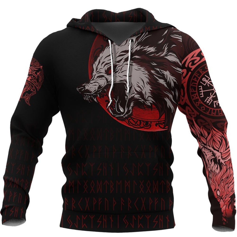 Viking Clothing Viking Fenrir With Red Vegsivir Hoodie RLT12 - Wonder Print Shop