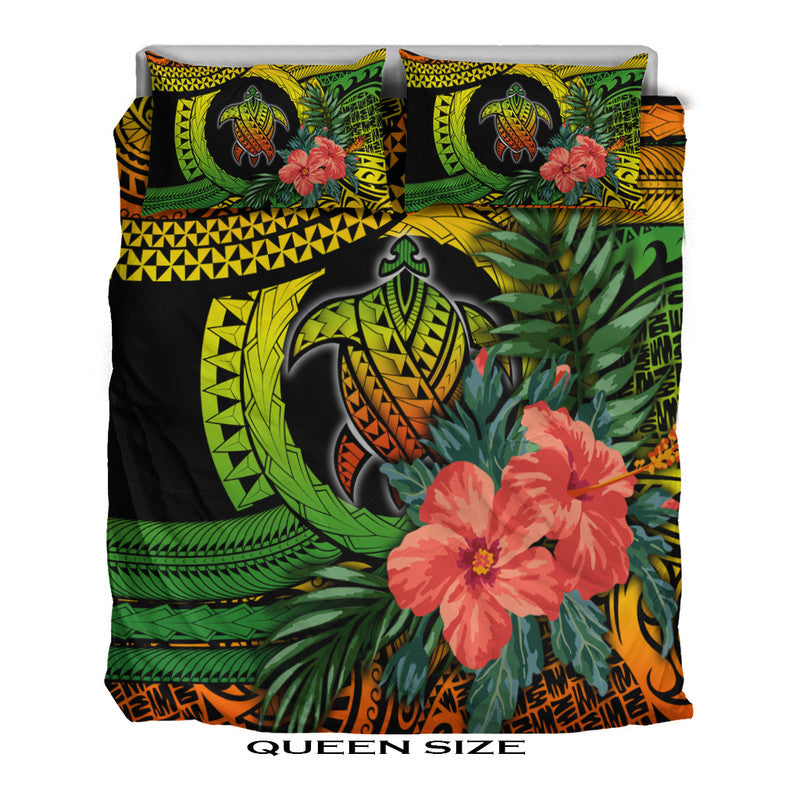 Queen size duvet set with Polynesian turtle circle, hibiscus blooms, and green leaf pattern