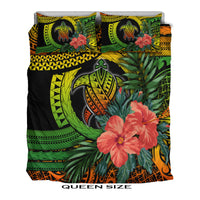Queen size duvet set with Polynesian turtle circle, hibiscus blooms, and green leaf pattern