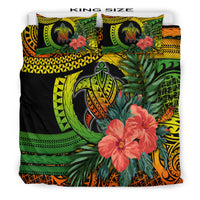 King size duvet set with turtle circle artwork, hibiscus flowers, and green tropical leaves