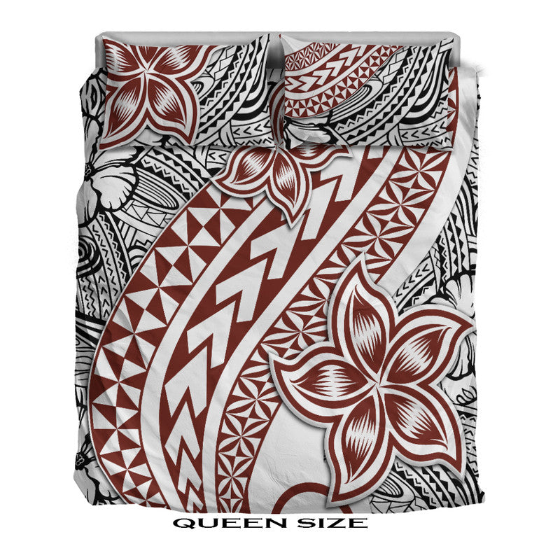 Queen bedding set, white with red/black Polynesian tribal tattoo design and big flower