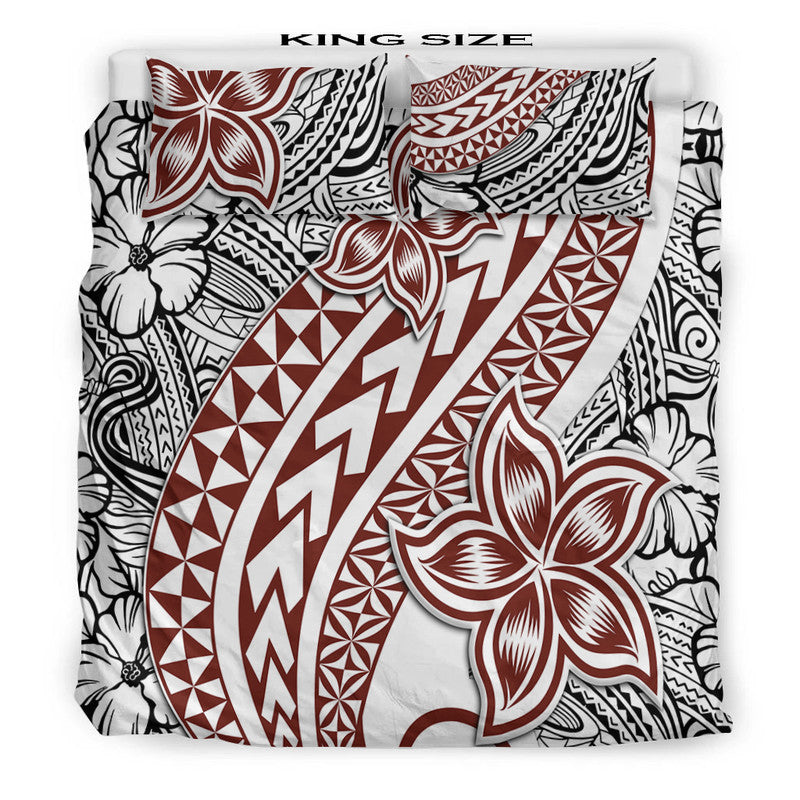 King bedding set, white with red/black Polynesian tribal tattoo patterns and large flower