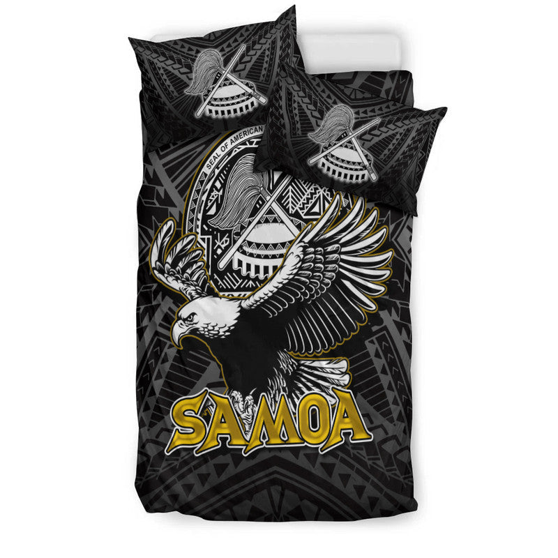 Black duvet set with Samoa emblem, winged bird artwork, and matching pillow fronts