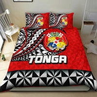 Red Polynesian tattoo bedding set with two pillowcases, large crest graphic, black-and-white swirl border