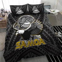 Black bedding set close view: Samoa eagle graphic with bold 'Samoa' text; 2 pillow shams