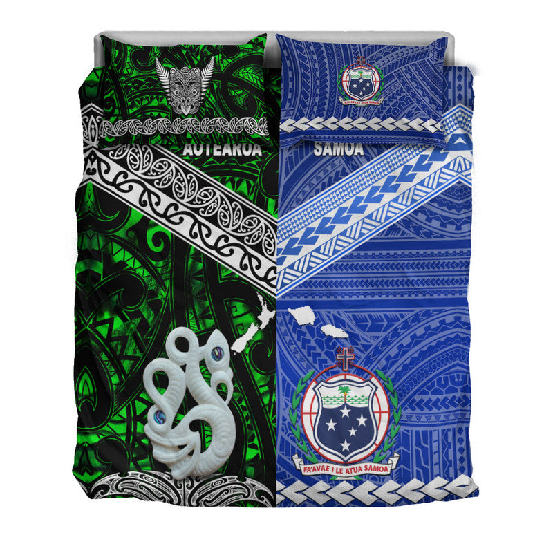 Green and blue bed set showing Aotearoa and Samoa front panels with matching pillows