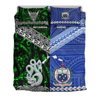 Green and blue bed set showing Aotearoa and Samoa front panels with matching pillows