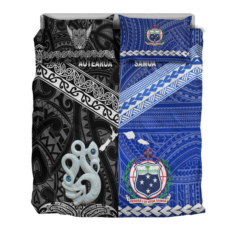 Folded bedding set showing black Aotearoa and blue Samoa panels with crest emblem