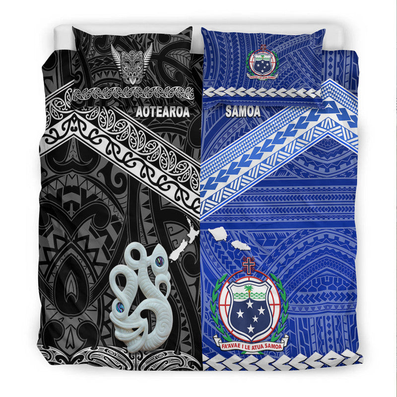 Black-and-blue duvet set featuring Aotearoa motifs and Samoa crest with stars