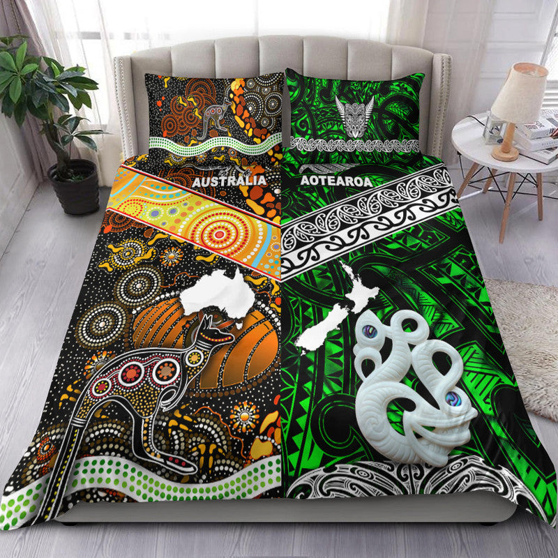 New Zealand Maori Aotearoa and Australia Aboriginal Bedding Set Together Green LT8 - Wonder Print Shop