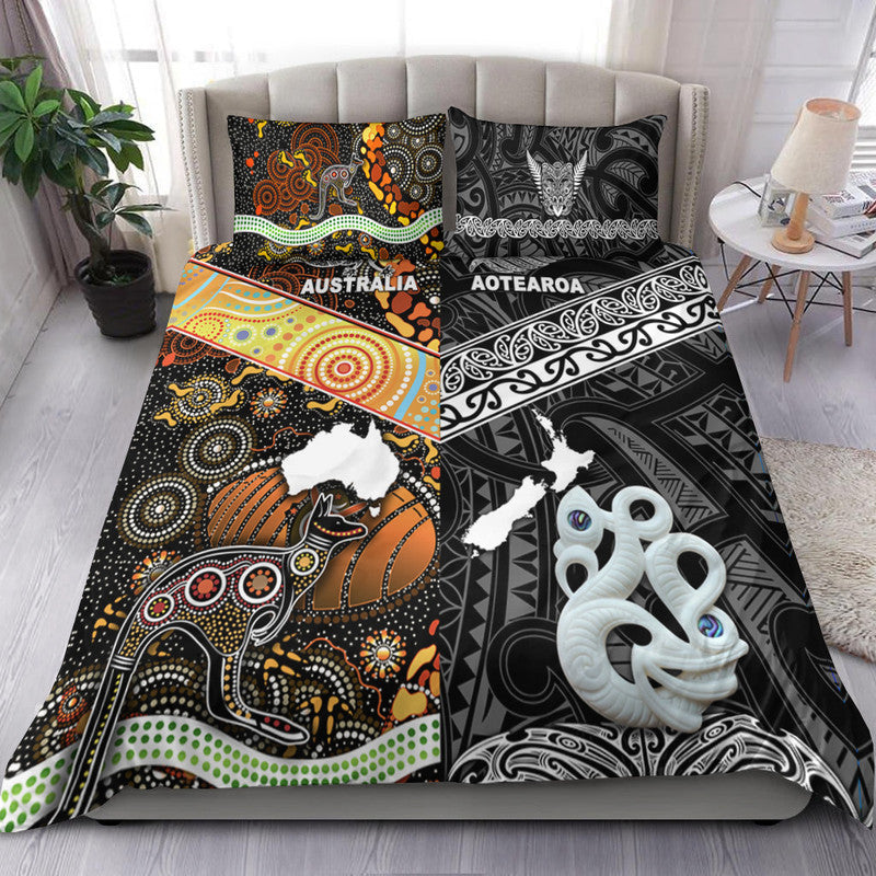 New Zealand Maori Aotearoa and Australia Aboriginal Bedding Set Together Black LT8 - Wonder Print Shop