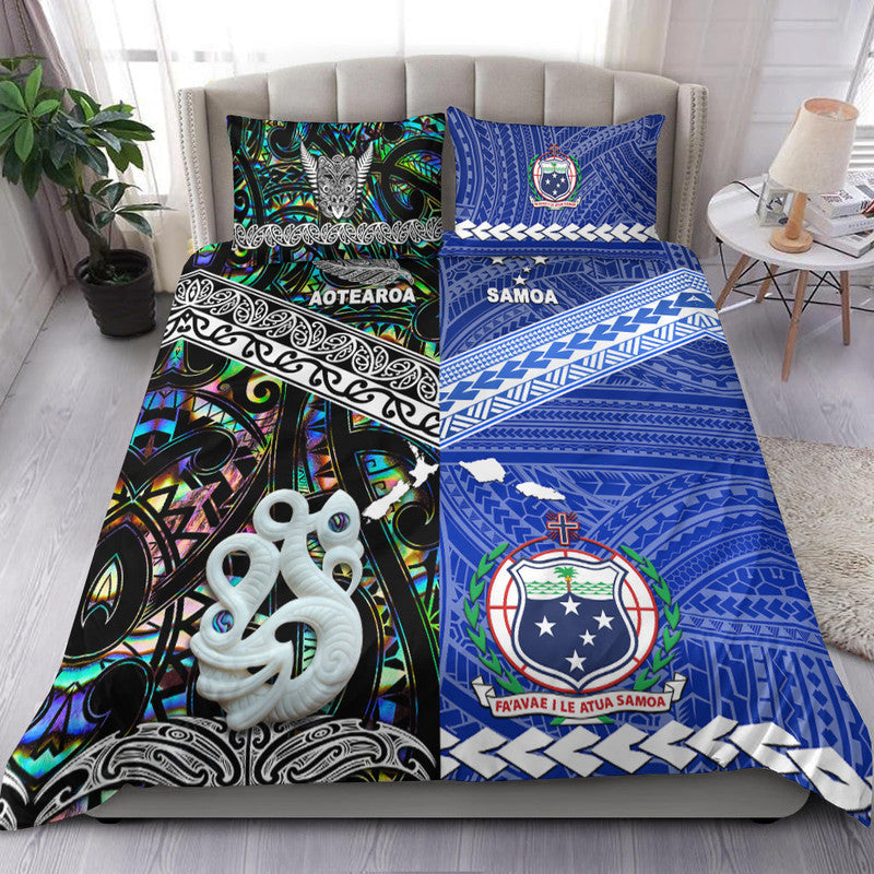 Comforter set: Aotearoa (black/green) and Samoa (blue) tribal prints, ornate borders