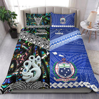 Comforter set: Aotearoa (black/green) and Samoa (blue) tribal prints, ornate borders