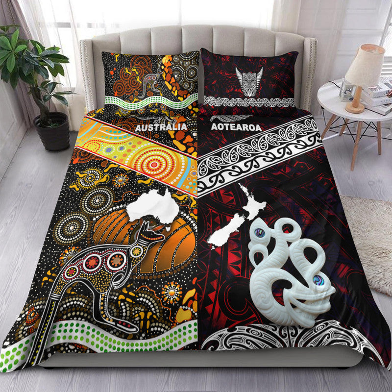 Red Australia and Aotearoa bedding set with decorative Aboriginal-style figures and white mask