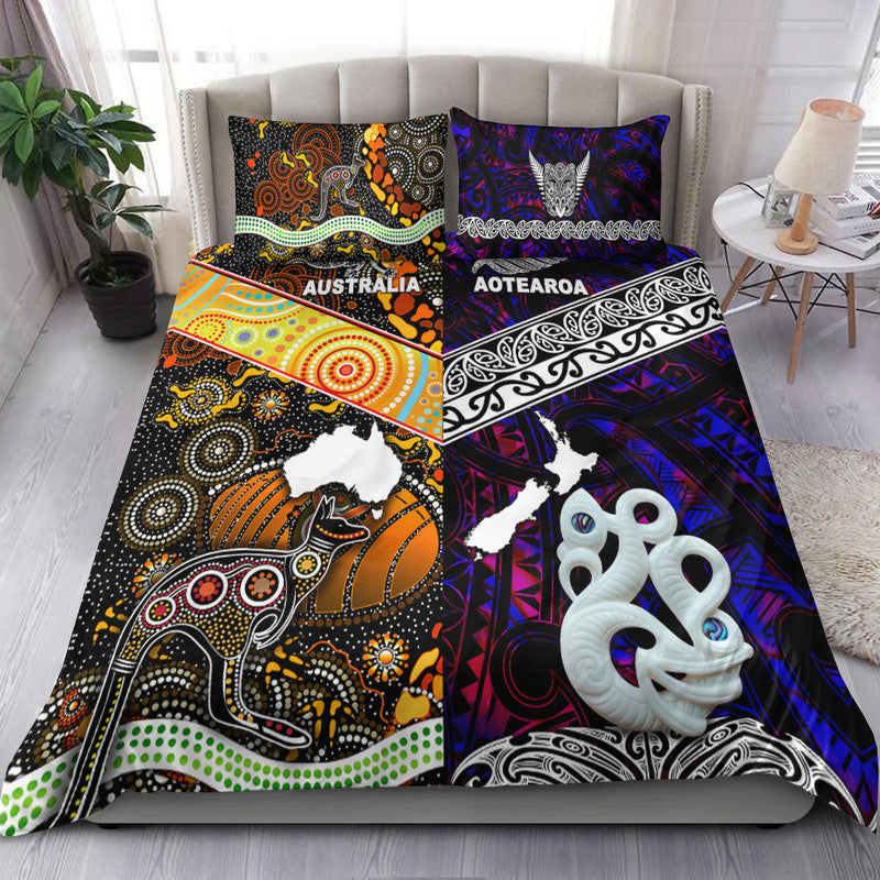 New Zealand Maori Aotearoa and Australia Aboriginal Bedding Set Together Purple LT8 - Wonder Print Shop