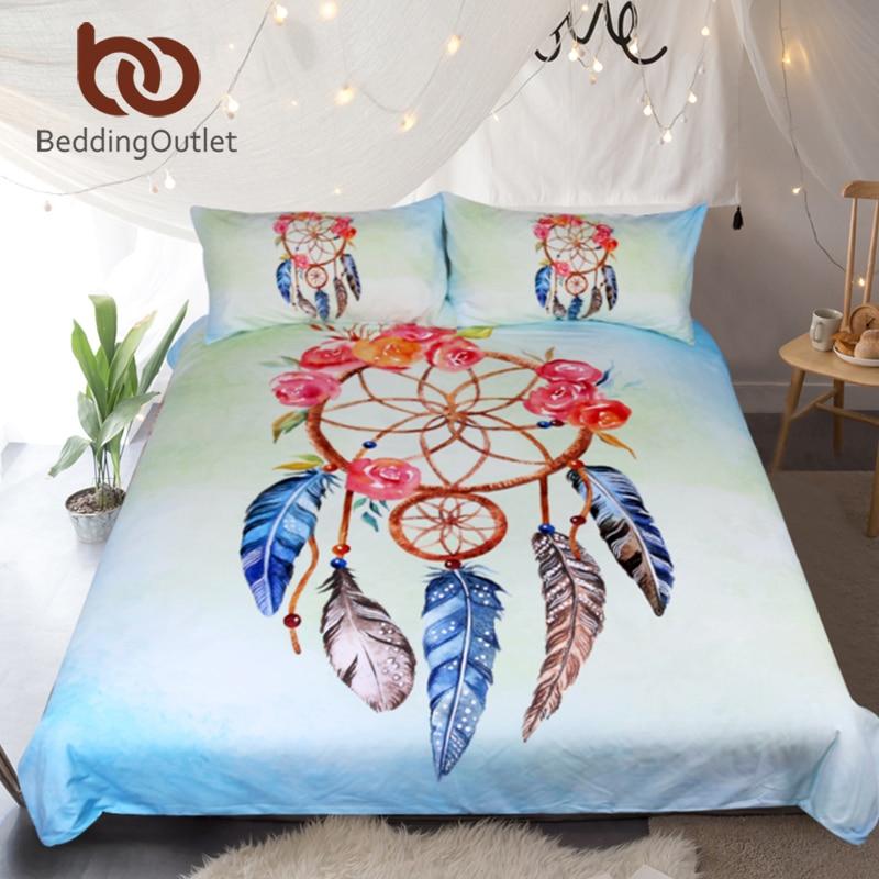 Floral Rose And Blue Feathers Dreamcatcher Native American Bedding Set LT10 - Wonder Print Shop