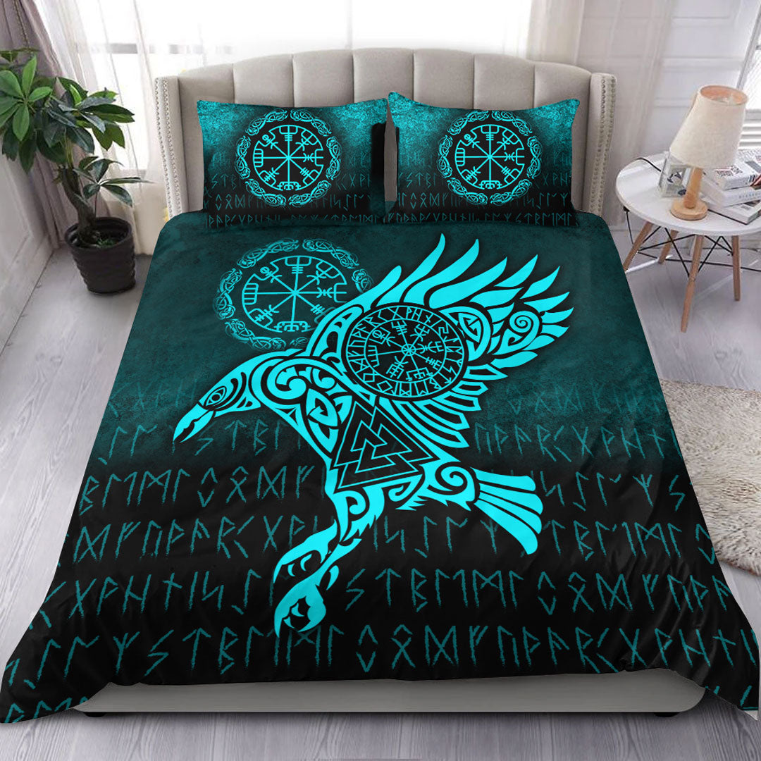 viking-bedding-set-raven-vegvisir-tattoo-cyan-version-bedding-set