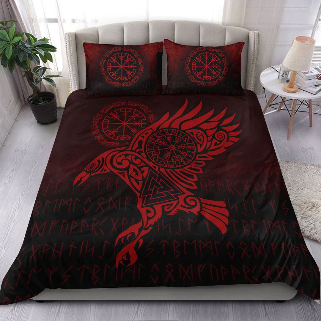 viking-bedding-set-raven-vegvisir-tattoo-red-version-bedding-set