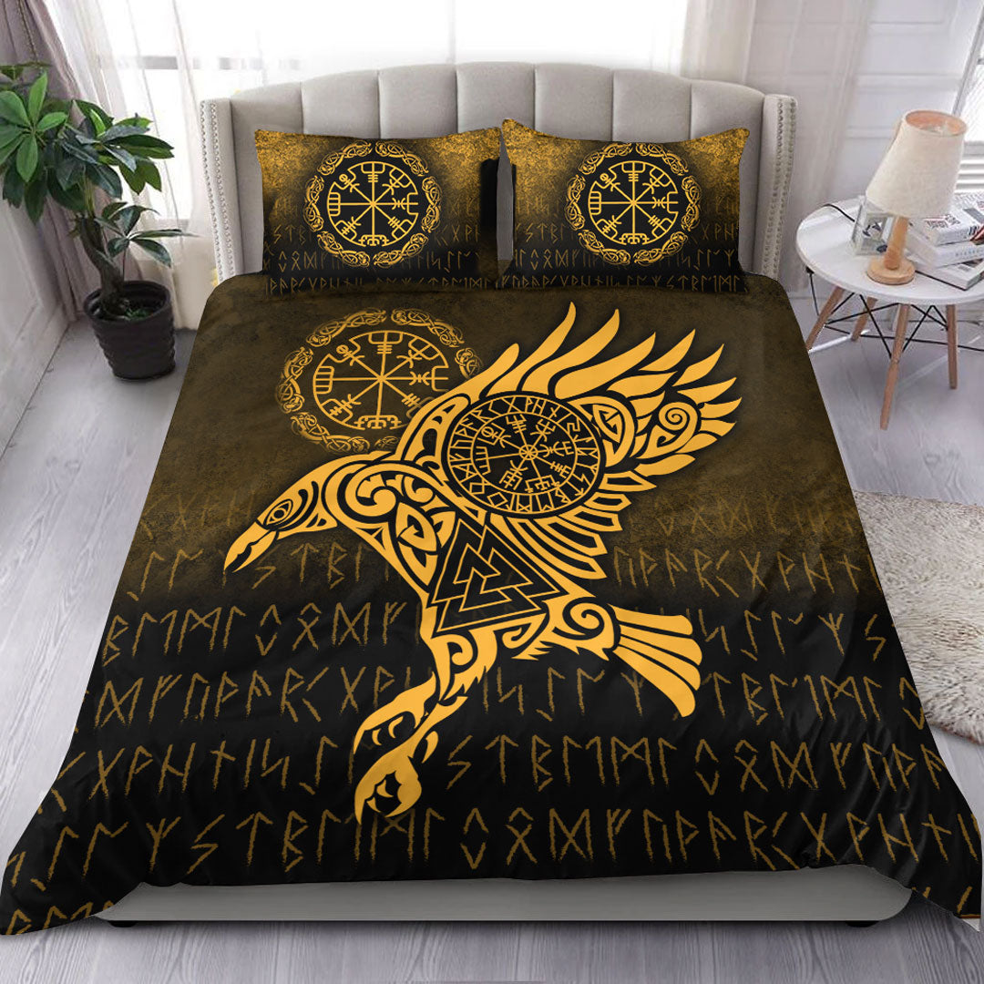 viking-bedding-set-raven-vegvisir-tattoo-gold-version-bedding-set