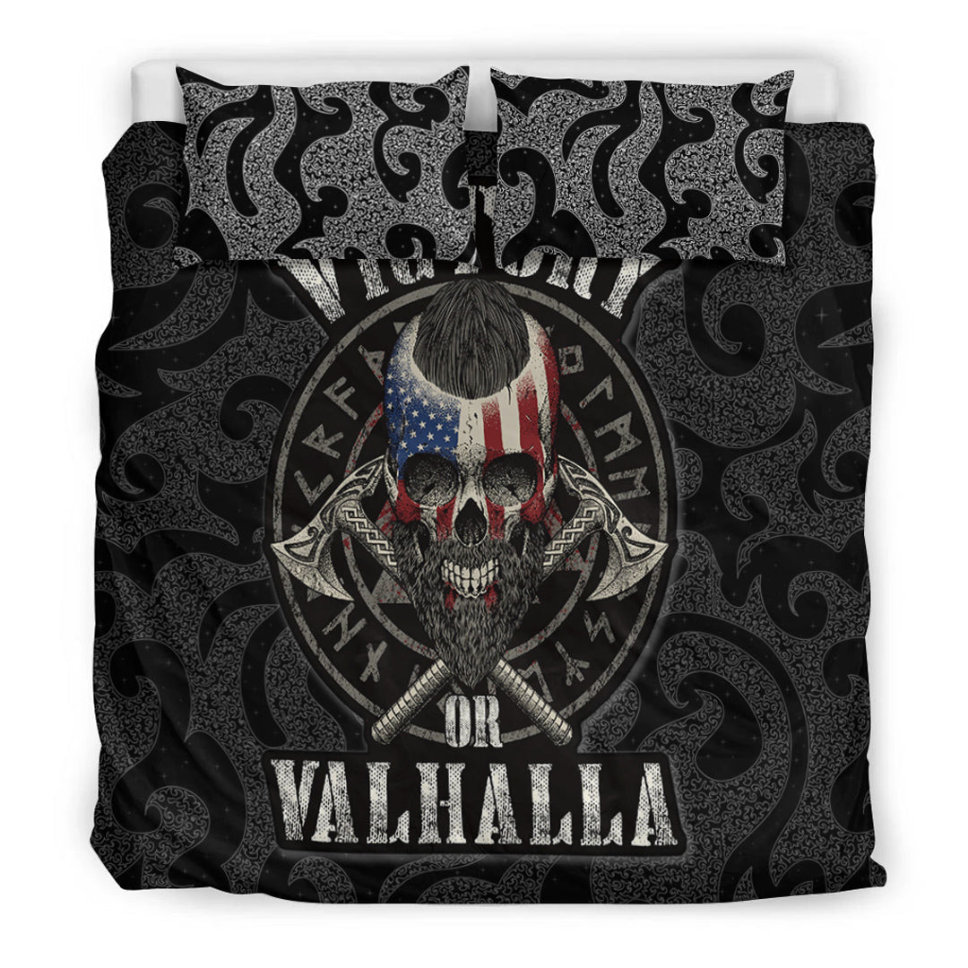 Black duvet with Viking skull in helmet, rune circle, and crossed axes design