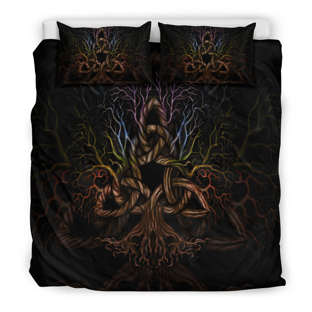 Black bedding set with Tree of Life triquetra artwork on duvet and two matching pillows