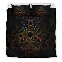 Black bedding set with Tree of Life triquetra artwork on duvet and two matching pillows