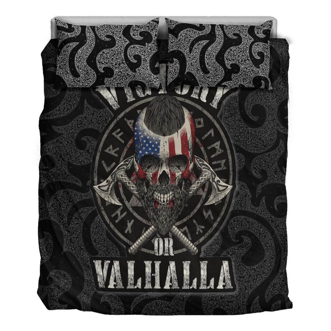Black bedding set with duvet and two pillowcases featuring Viking skull and VALHALLA text