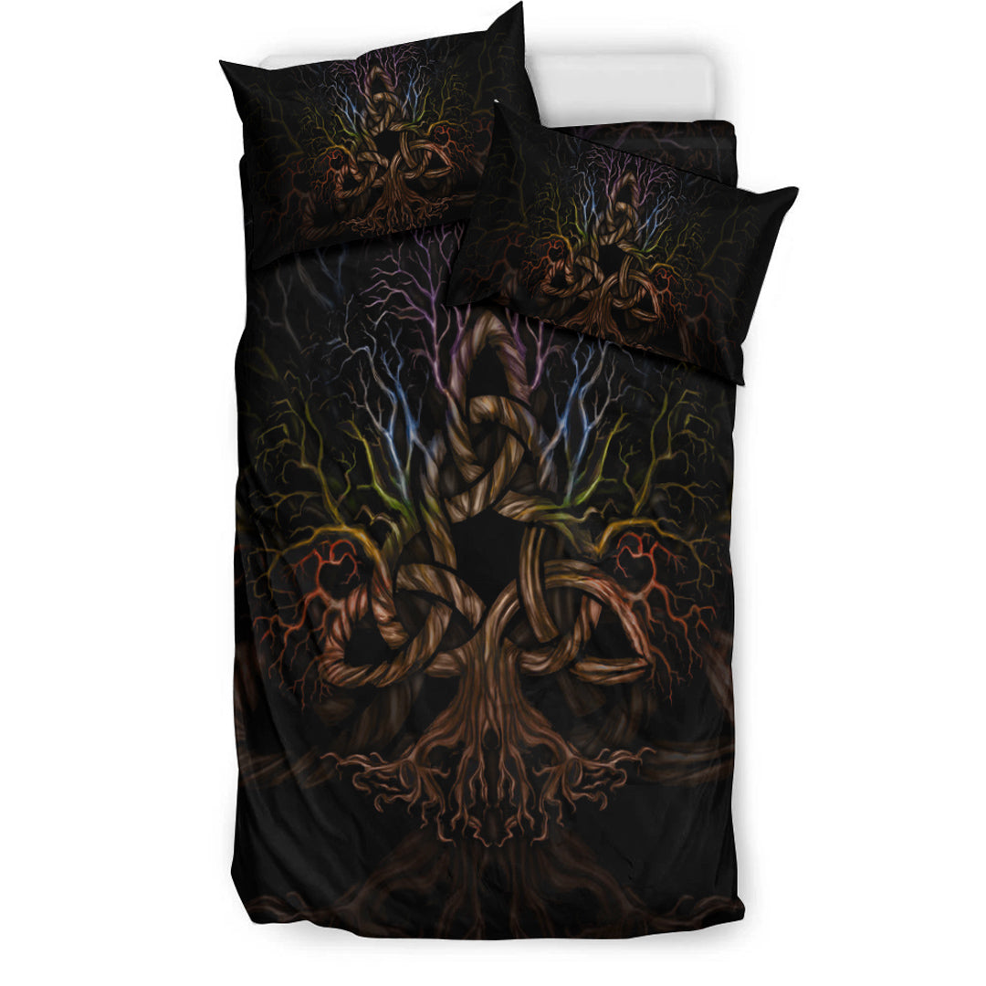 Black duvet and pillows stacked view, featuring Tree of Life triquetra artwork