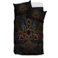 Black duvet and pillows stacked view, featuring Tree of Life triquetra artwork