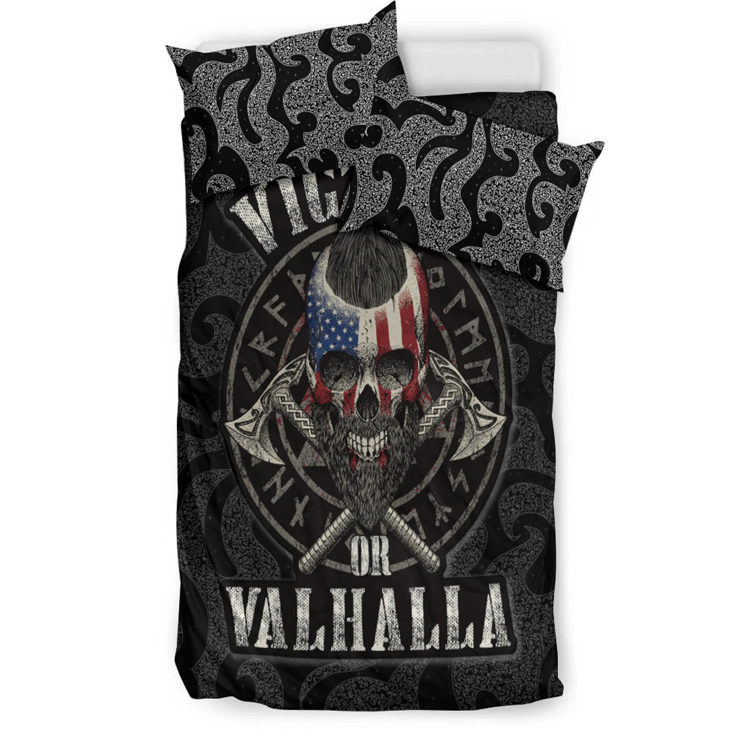 Black duvet with Viking skull, crossed axes, rune circle, and VALHALLA lettering