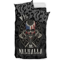 Black duvet with Viking skull, crossed axes, rune circle, and VALHALLA lettering