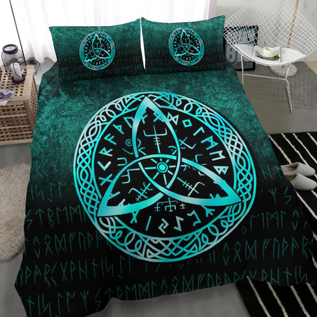 Teal duvet corner view with large cyan Vegvisir compass rune; matching black rune border