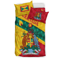 Grenada bedding set featuring crest emblem, birds, and banner on yellow, green, red bedding