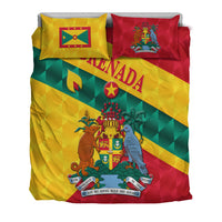 Grenada duvet and two pillowcases, bold crest and motto on yellow, green, red graphic