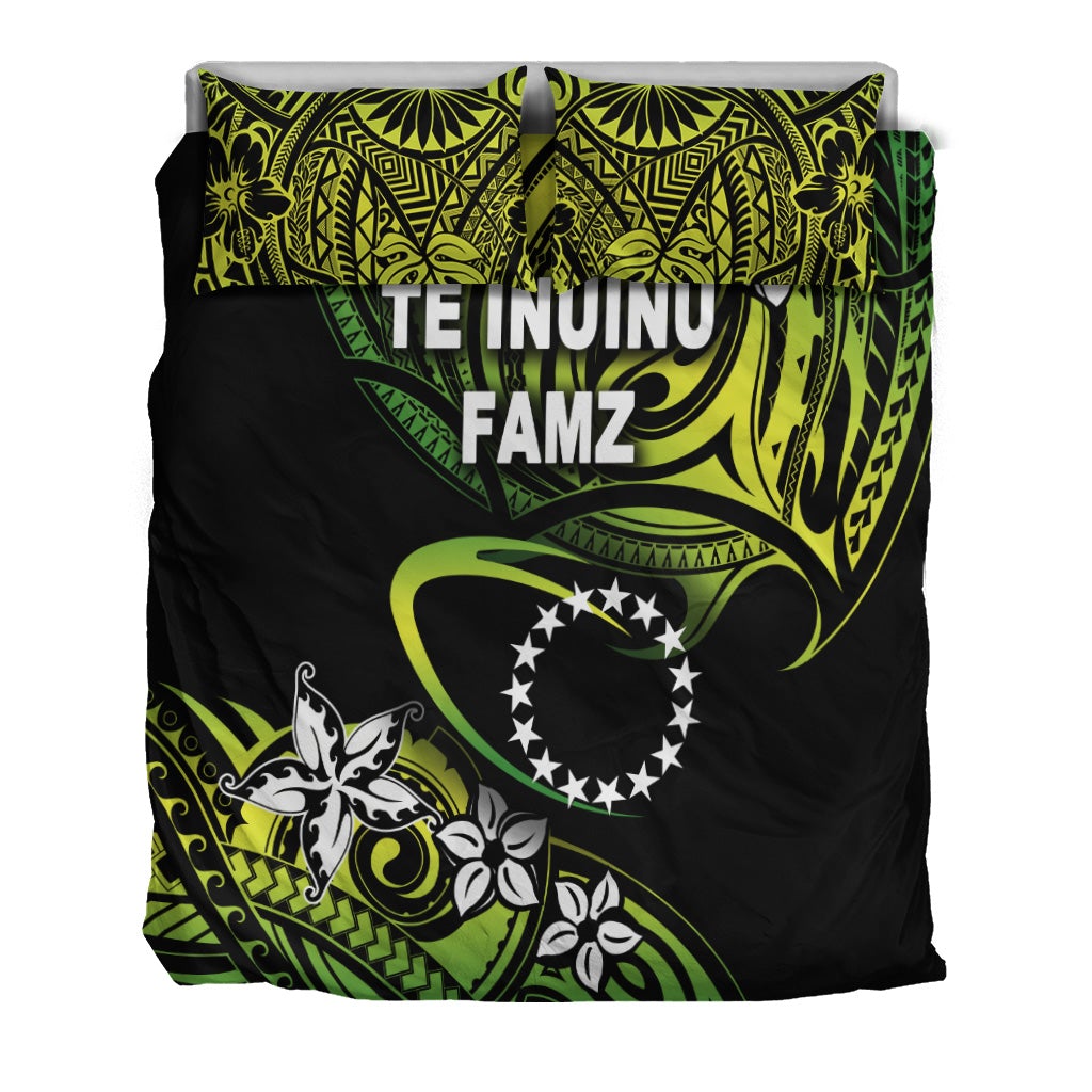 Top view bedding set on black background with green/yellow tribal print and two pillows