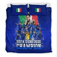 Blue bedding set featuring soccer players, UEFA Euro 2020 Champion text, Italy flag pillowcases