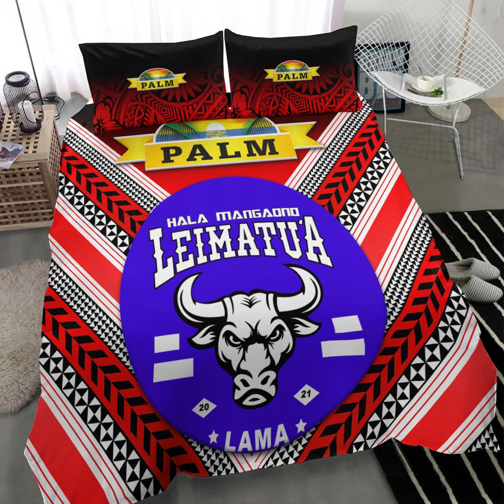 Purple llama-bull print on red/white/black bedding set with 2 black pillows