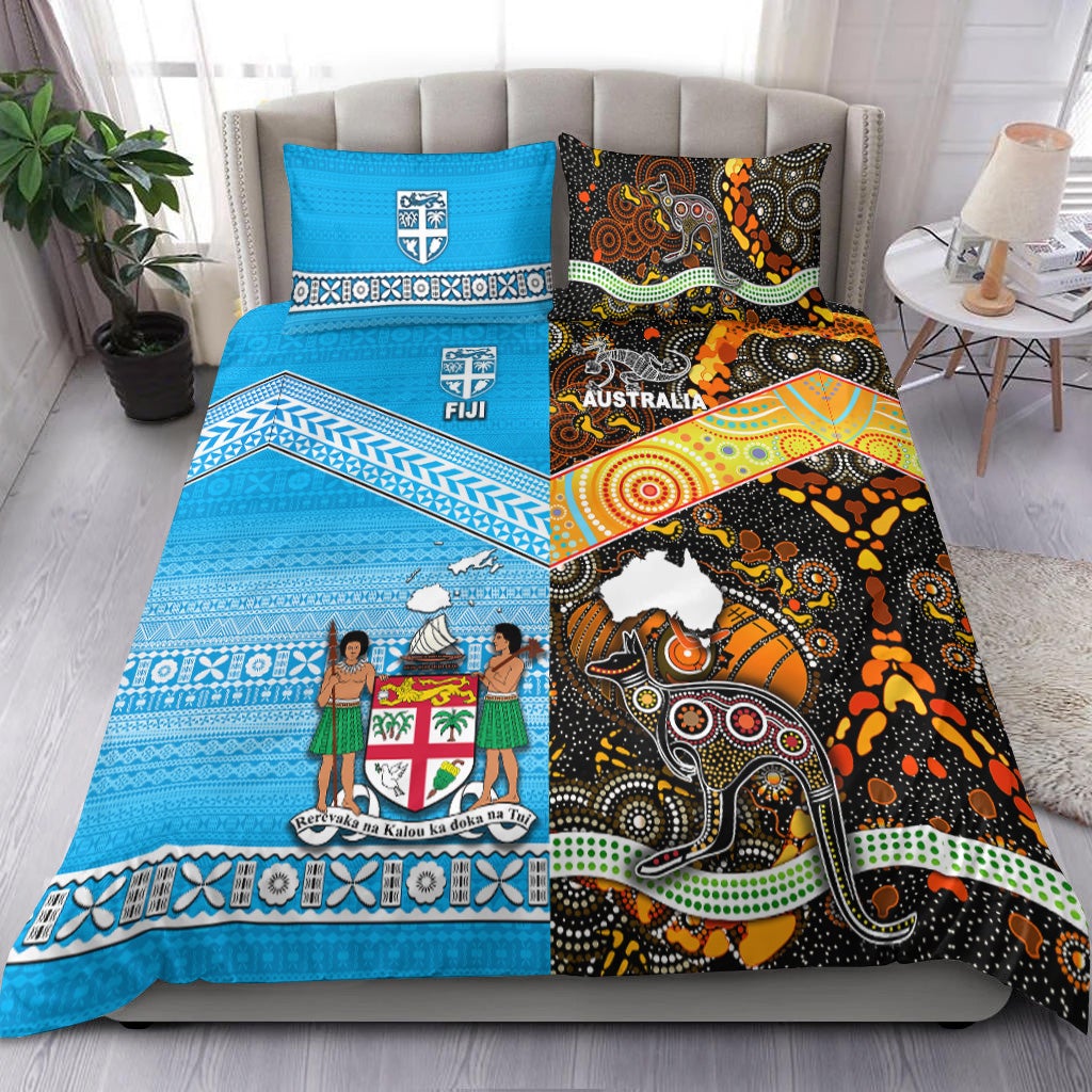 Multicolor bedding set with Australia and Fiji tapa designs and geometric border