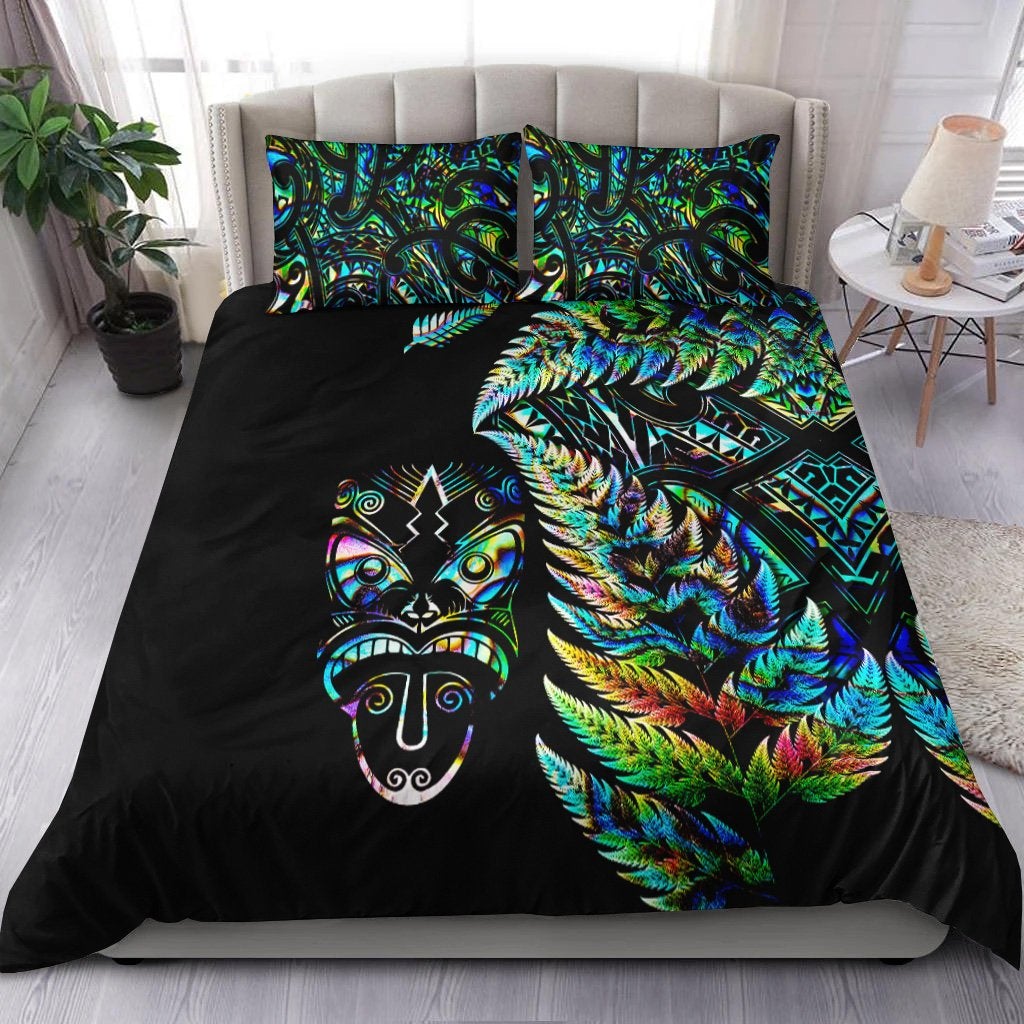 New Zealand Haka Rugby Maori Bedding Set Silver Fern Vibes Paua Shell LT8 - Wonder Print Shop