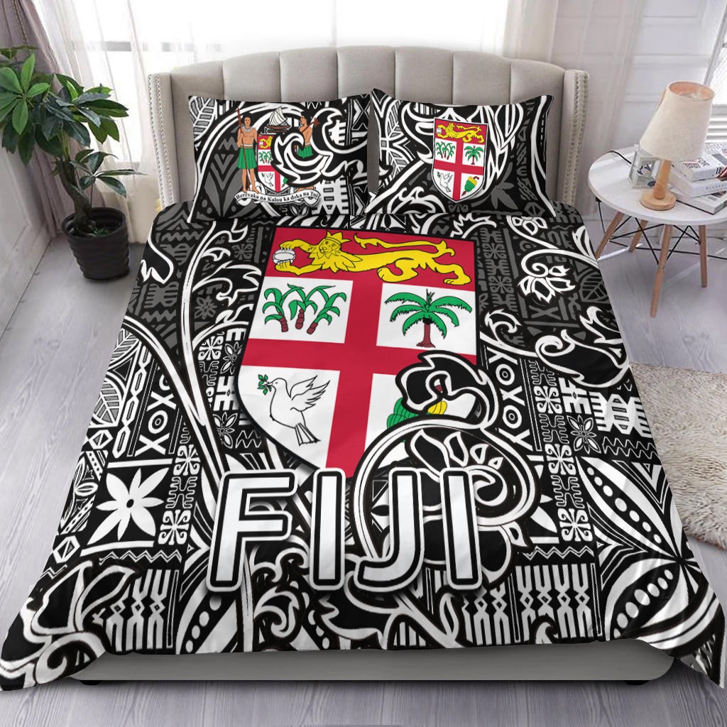 Black & white Fiji flag bedding set with tribal patterns and matching pillowcases