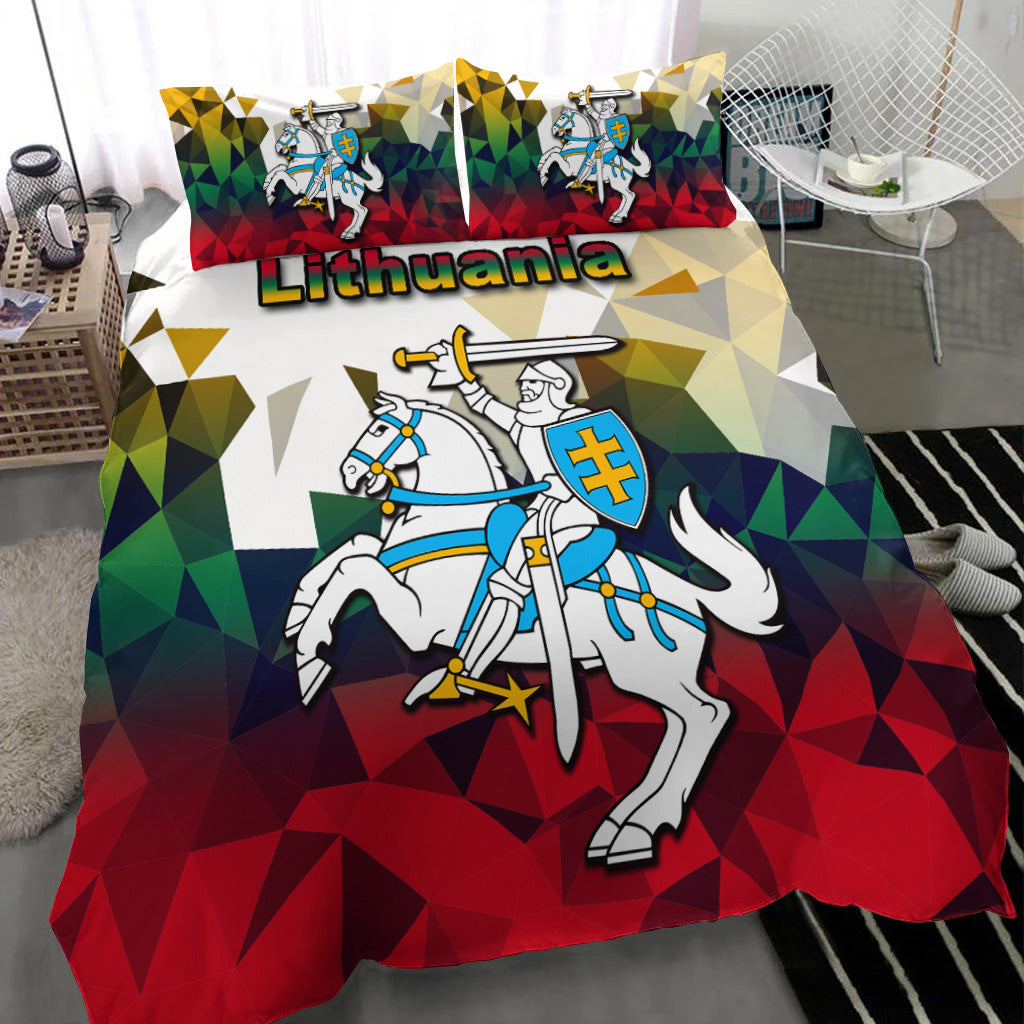 Lithuania bedding set with knight and sword emblem on red geometric quilt; multicolor pillows