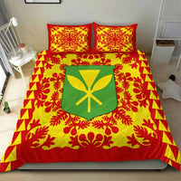 Red/yellow bedspread with tropical leaf-and-floral print, green shield emblem center