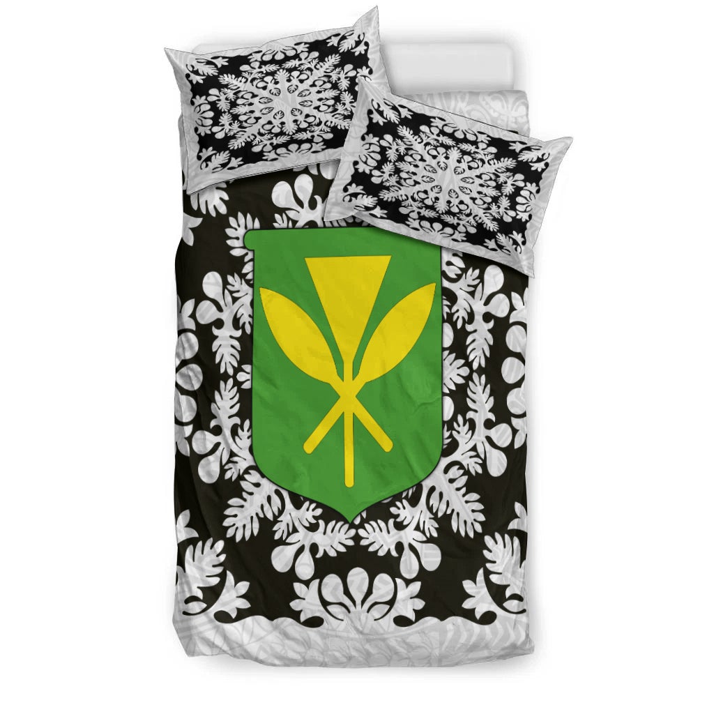 Bedding set shown from side: black floral duvet with green/yellow shield and two pillows