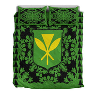 Green & black leaf bedding set with shield emblem and two matching pillowcases