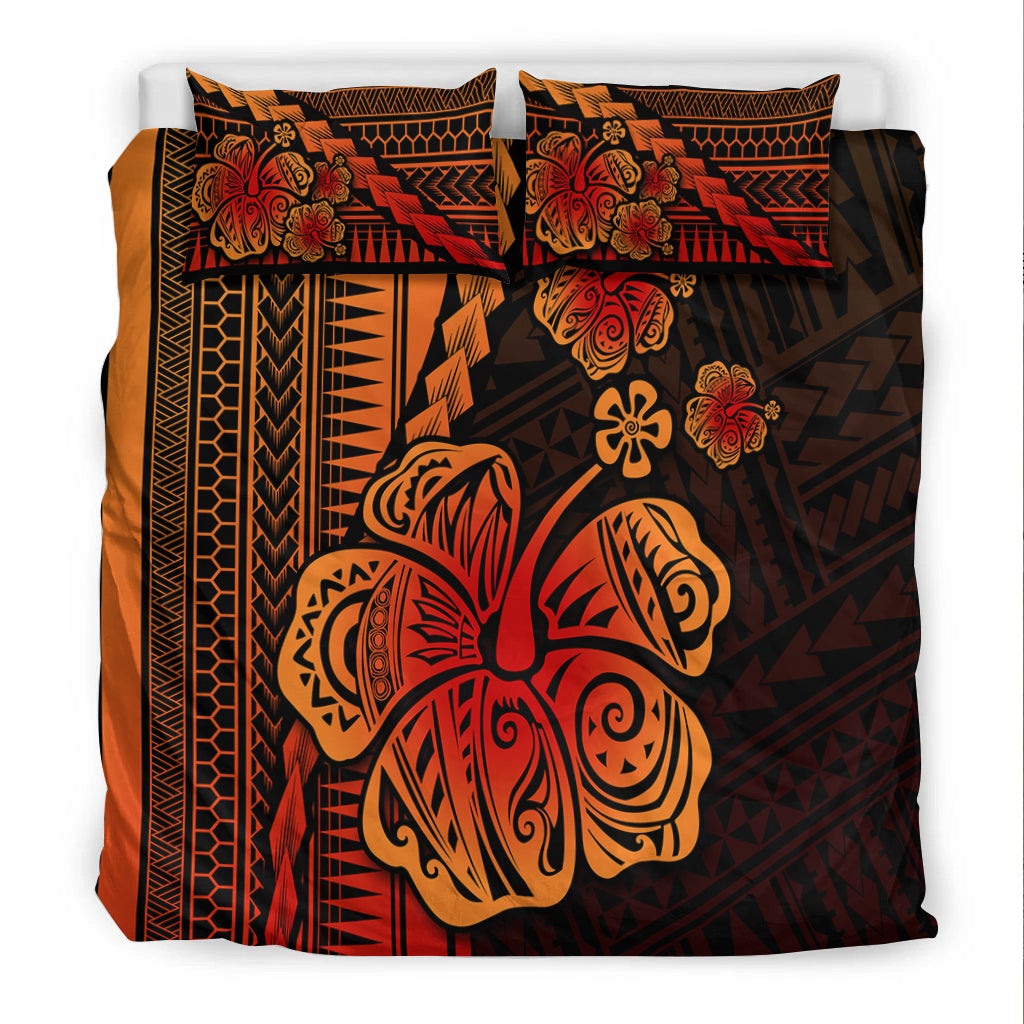 Black bedding set featuring large turtle artwork, red-orange hibiscus accents, and matching pillows