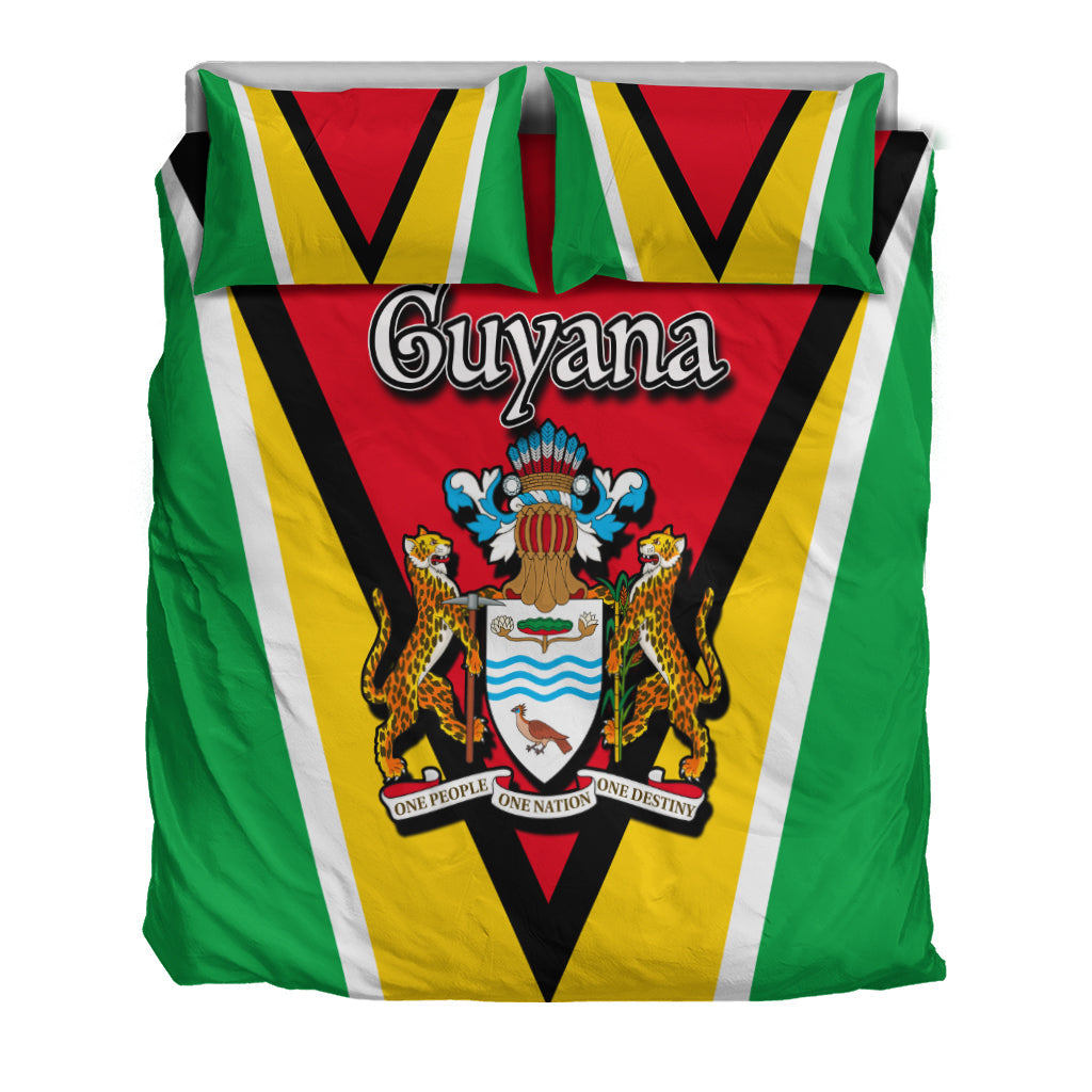 Guyana flag comforter with central crest and bold green, yellow, and white striped design
